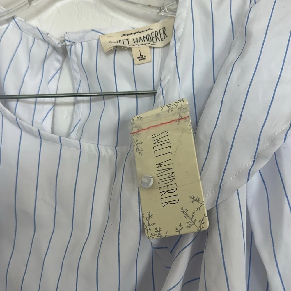 NWT sweet wanderer blouse white blue pin stripe puff preppy Large ruffle indie - Picture 4 of 7